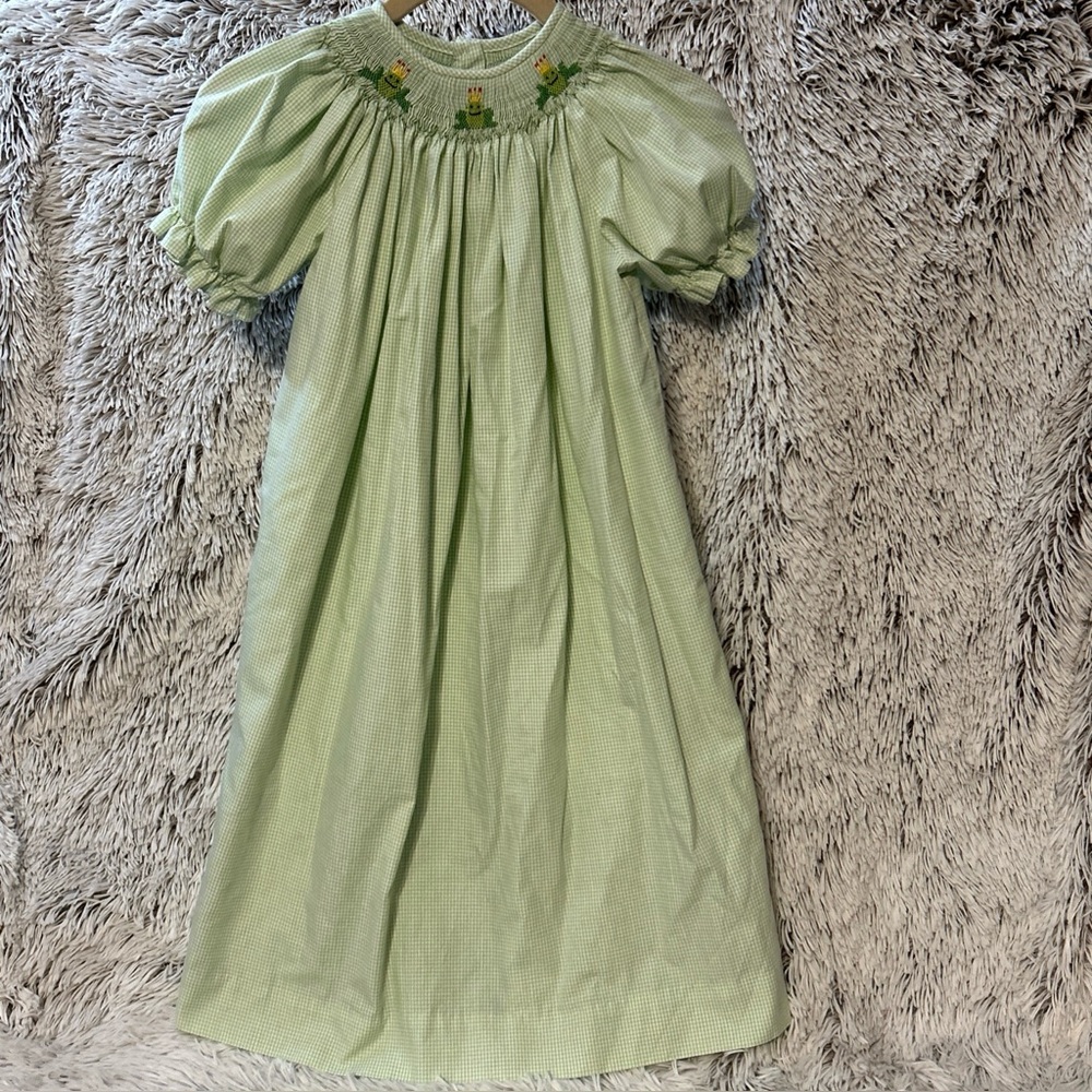 Girls Light Green Smocked Puff-Sleeve Dress